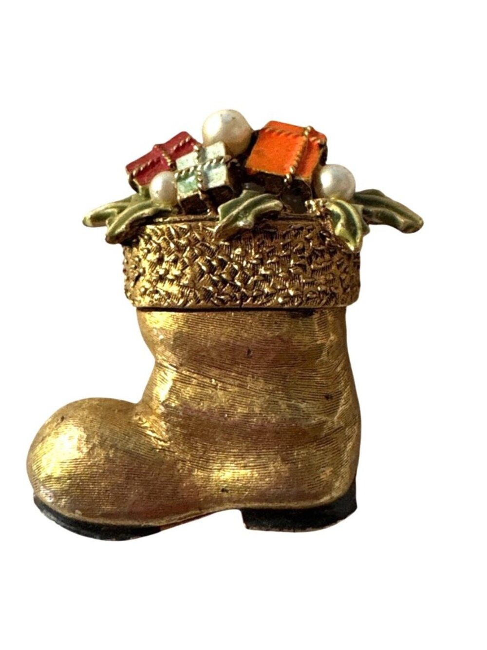 Vintage Holiday Signed ART Christmas Boot Brooch Pin Gold-Tone Faux Pearls